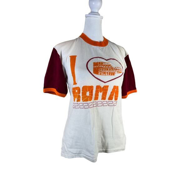Cotone Pettinato Other - Vintage I Love Roma Colosseum T-Shirt Italy Cotton White Maroon Short Sleeve 70s